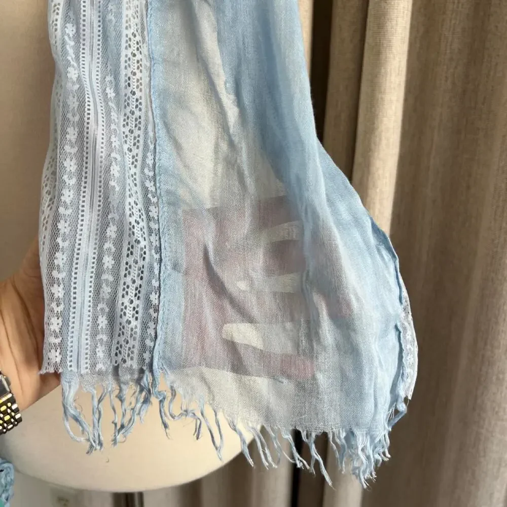 Maurices Light Blue Scarf Lace Panel Fringe Hem Lightweight Rayon NWT Women's OS